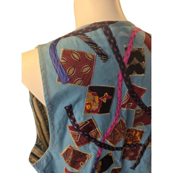 Handmade 80s Boho Reversible Vest Sz XL–2X Denim Patchwork Applique Stripe Cotto - Picture 3 of 10